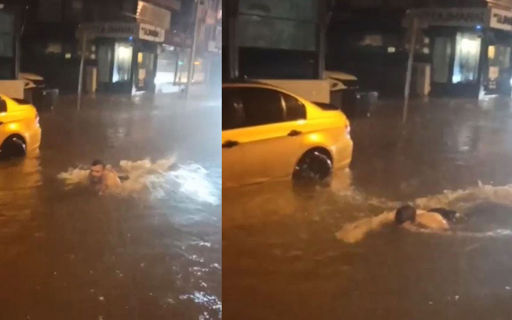 Antalya'da yollar göle döndü! Bir vatandaş araçlar arasında yüzdü