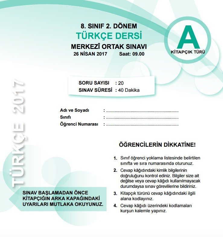 TEOG Türkçe soruları ve cevap anahtarları 2017 tüm kitapçıklara göre - Resim: 1