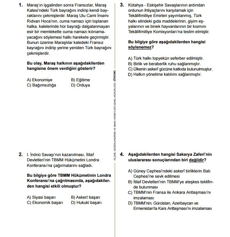TEOG İnkilap Tarihi ve Atatürkçülük soruları ve cevap anahtarları 2017 tüm kitapçıklara göre - Resim: 2