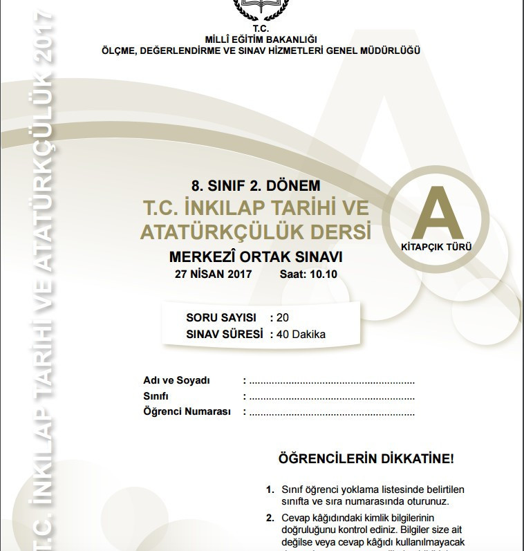 TEOG İnkilap Tarihi ve Atatürkçülük soruları ve cevap anahtarları 2017 tüm kitapçıklara göre - Resim: 1