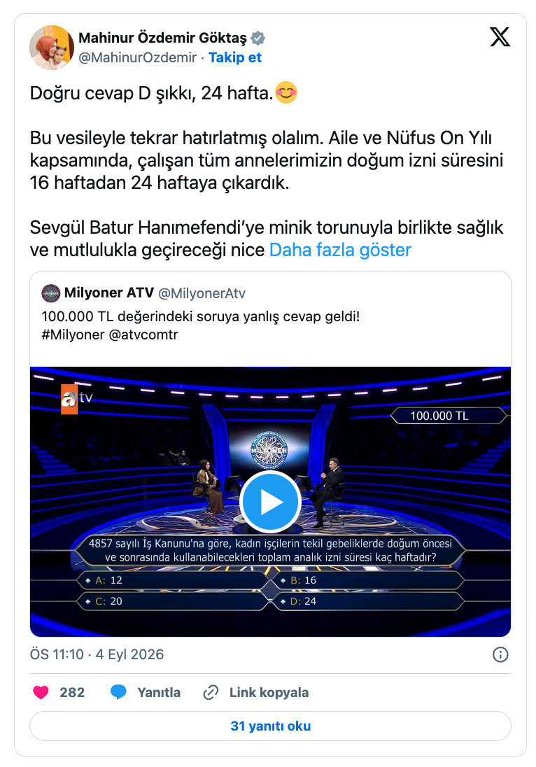 Milyoner'de yarışmacı 100 bin TL'lik soruyu bilemedi, Bakan G&ouml;ktaş hemen hatırlatma yaptı - Resim: 1