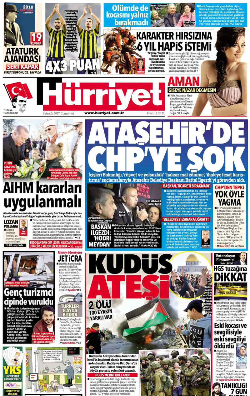 Gazete manşetleri Hürriyet - Sözcü - Fanatik 9 Aralık 2017 - Resim: 1