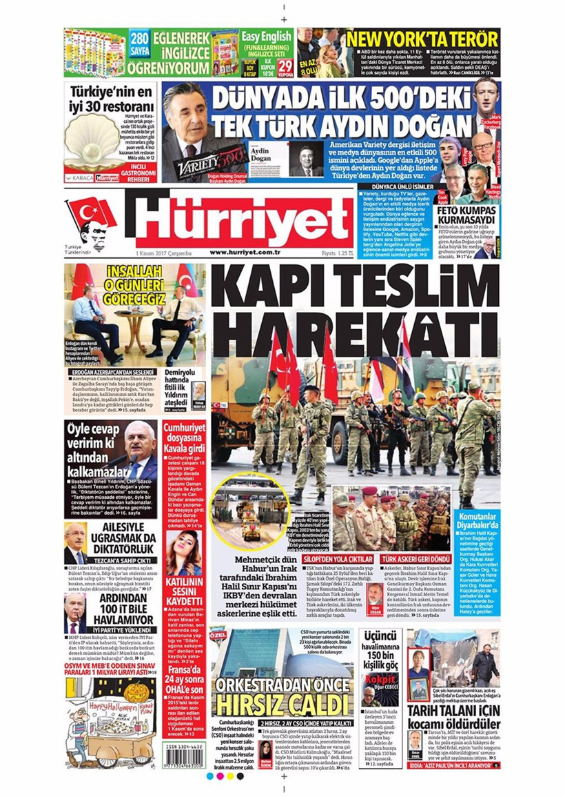 Gazete manşetleri Sözcü - Hürriyet - Sabah 1 Kasım 2017 - Resim: 1