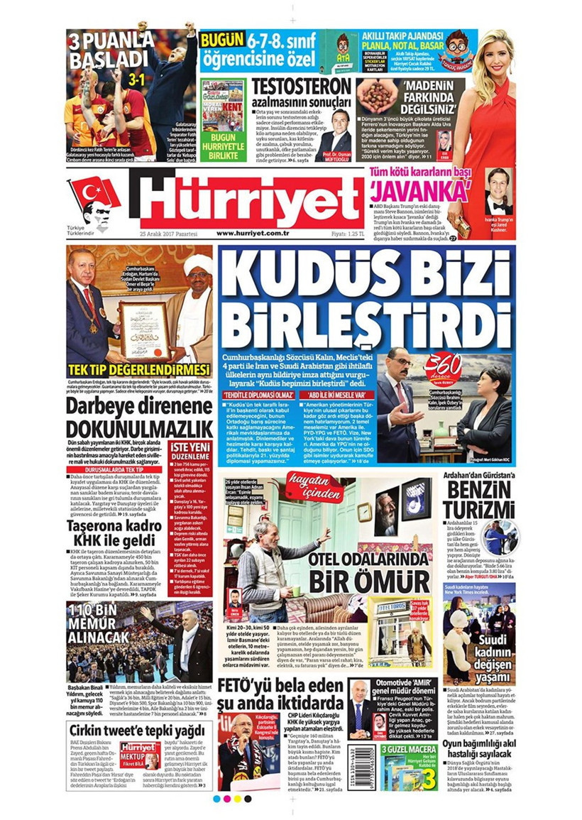Gazete manşetleri Hürriyet - Sözcü - Sabah 25 Aralık 2017 - Resim: 1