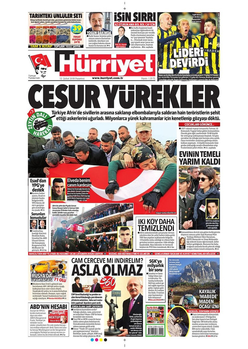 Gazete manşetleri 12 Şubat 2018 Hürriyet - Sözcü - Posta - Resim: 1