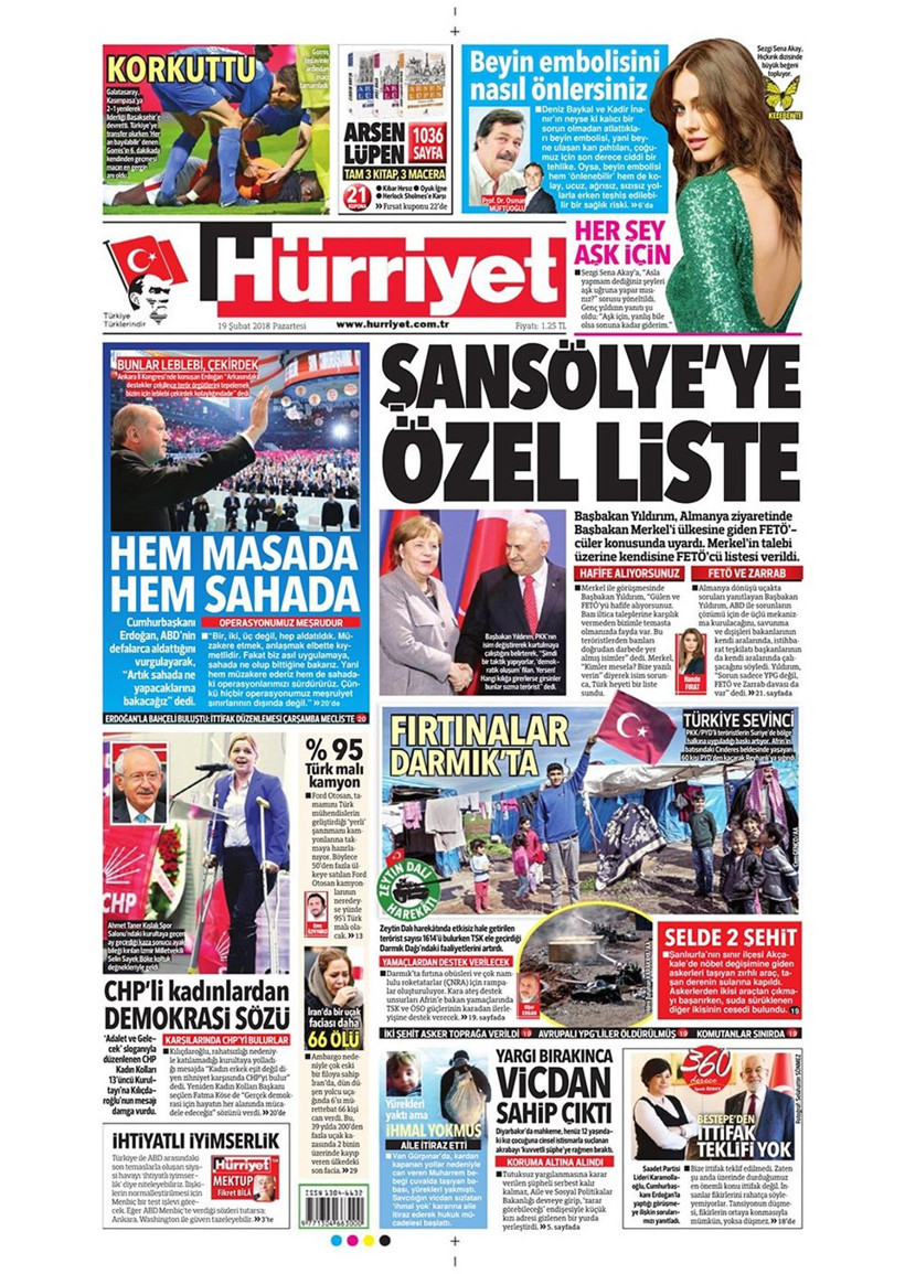 Gazete manşetleri 19 Şubat 2018 Hürriyet - Sözcü - Posta - Resim: 1