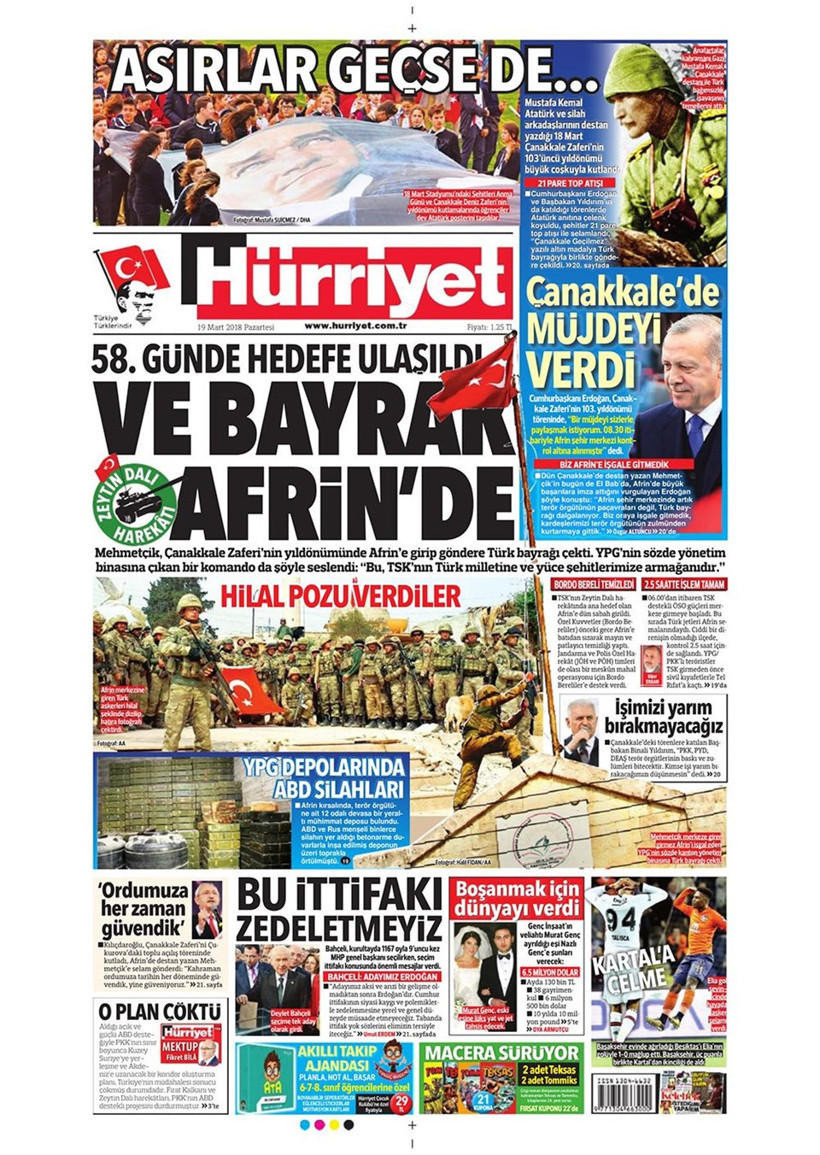 Gazete manşetleri 19 Mart 2018 Hürriyet - Sözcü - Fanatik - Resim: 4