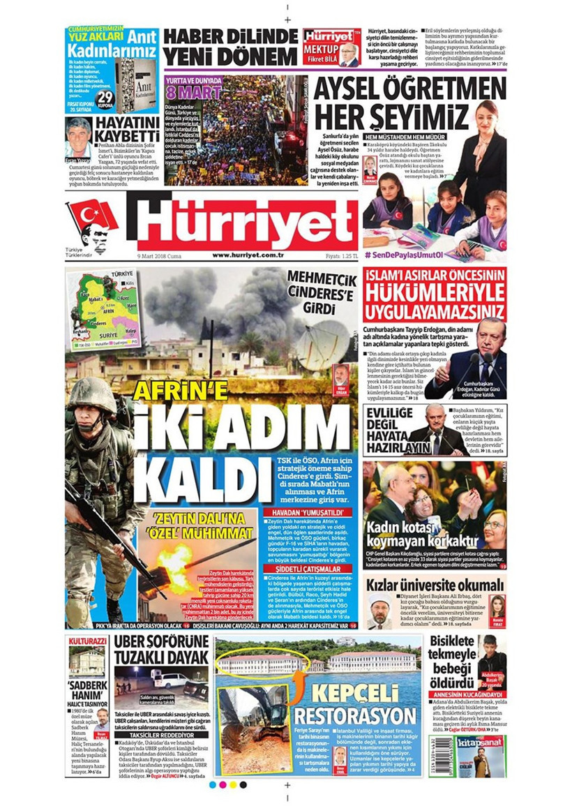 Gazete manşetleri 9 Mart 2018 Hürriyet - Sözcü - Fanatik - Resim: 1