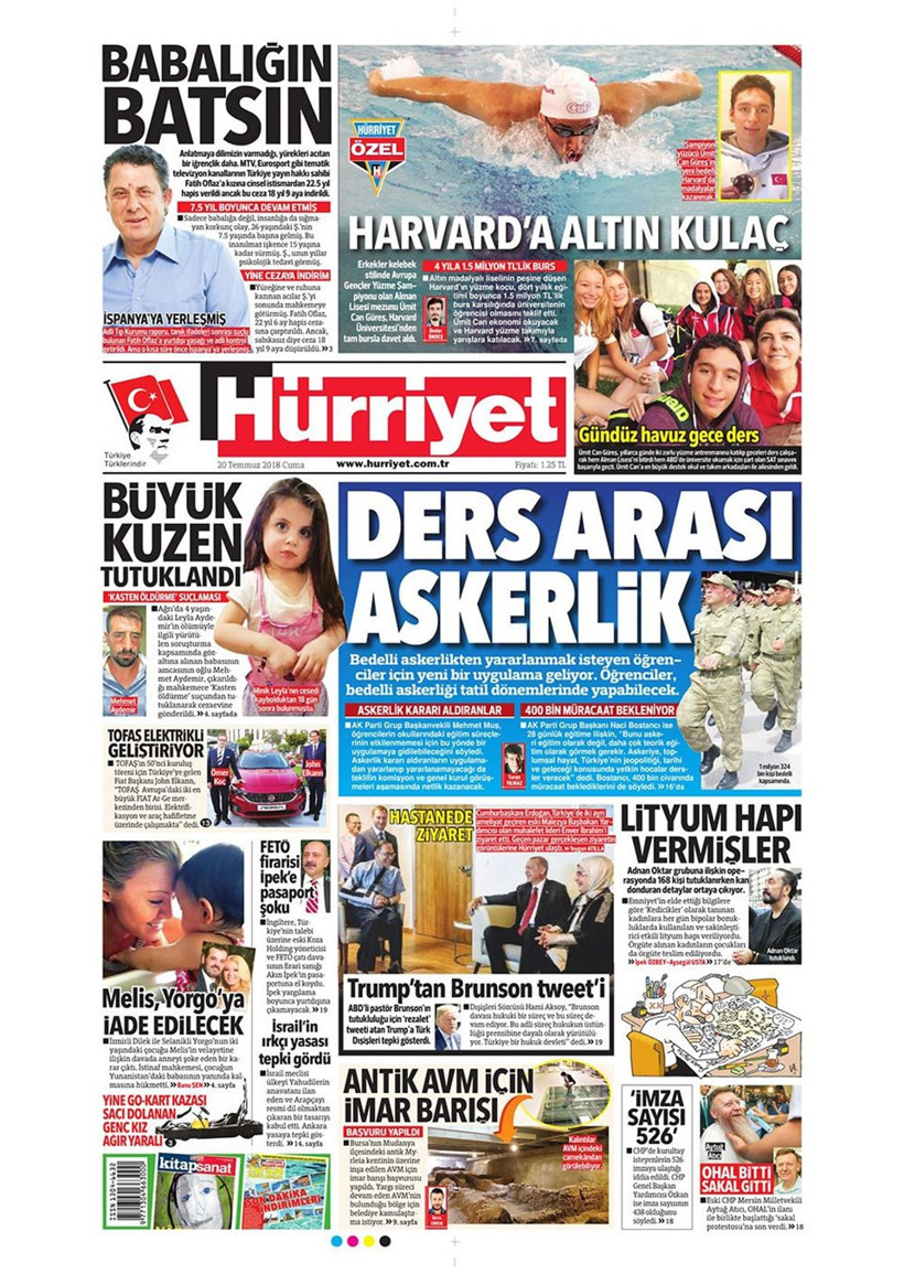 Gazete manşetleri 20 Temmuz 2018 Hürriyet - Posta - Sabah - Resim: 1