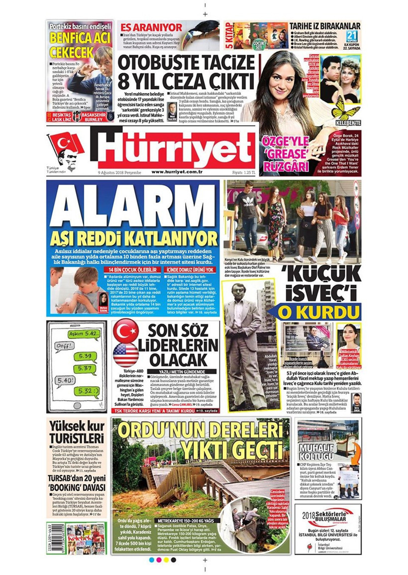 Gazete manşetleri 9 Ağustos 2018 Hürriyet - Posta - Sabah - Resim: 1
