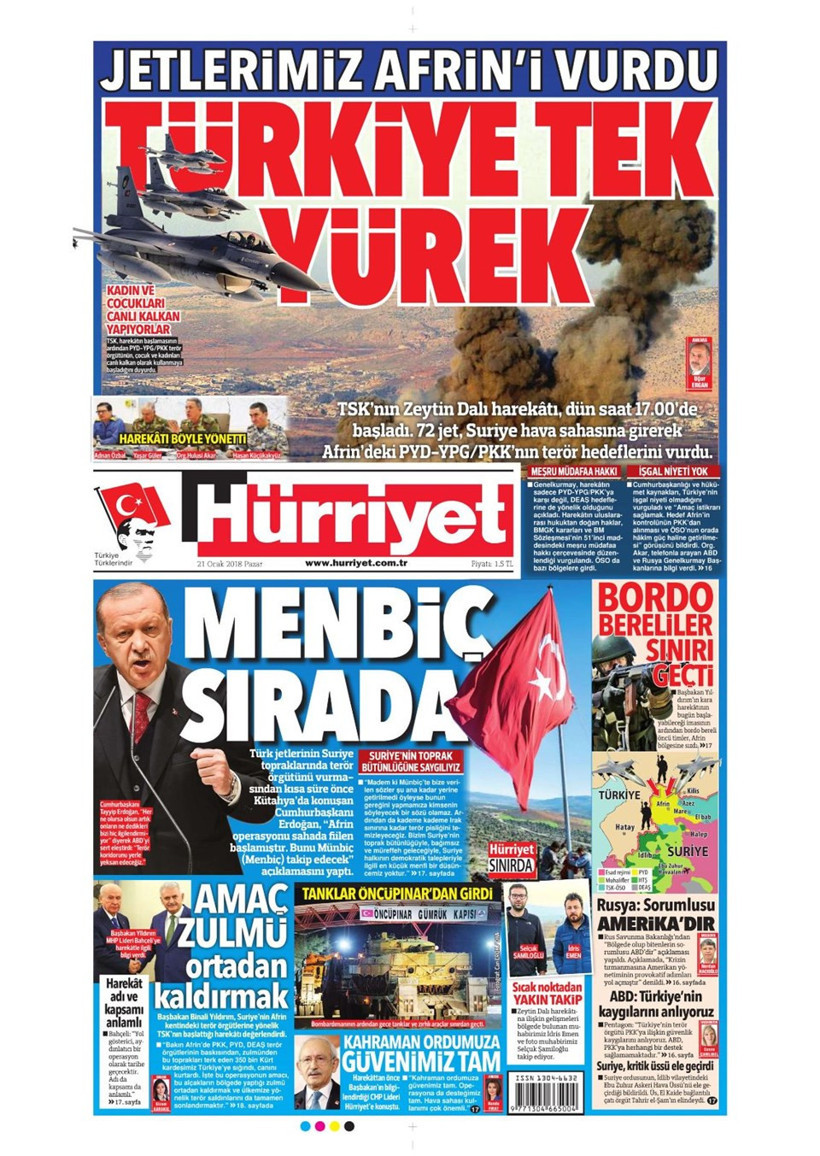 Gazete manşetleri Hürriyet - Sözcü - Fanatik 21 Ocak 2018 - Resim: 1
