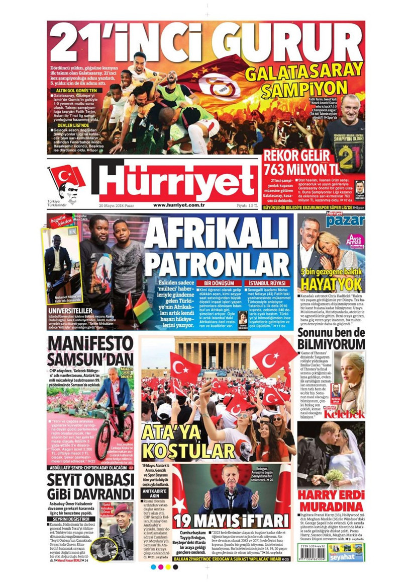 Gazete manşetleri 20 Mayıs 2018 Hürriyet - Sözcü - Fanatik - Resim: 1