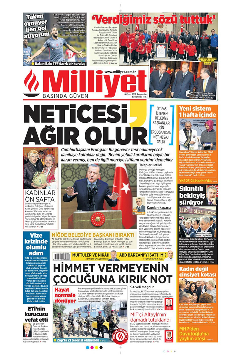 Gazete manşetleri Sözcü - Fanatik - Hürriyet 19 Ekim 2017 - Resim: 4