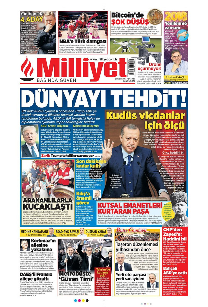 Gazete manşetleri Milliyet - Hürriyet - Sözcü 21 Aralık 2017 - Resim: 2