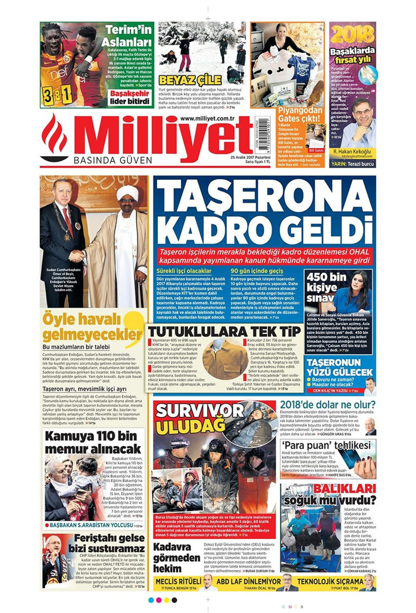 Gazete manşetleri Hürriyet - Sözcü - Sabah 25 Aralık 2017 - Resim: 3
