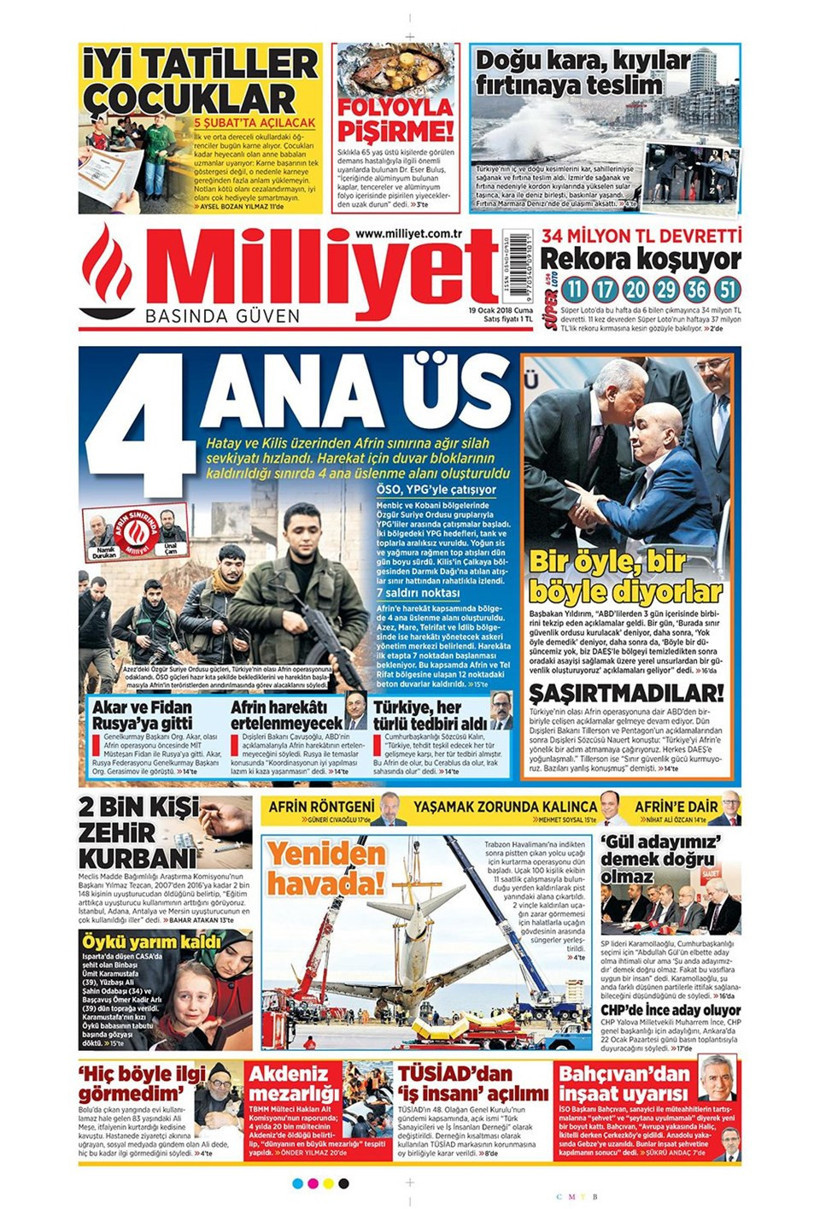 Gazete manşetleri Hürriyet - Sözcü - Fanatik 19 Ocak 2018 - Resim: 3