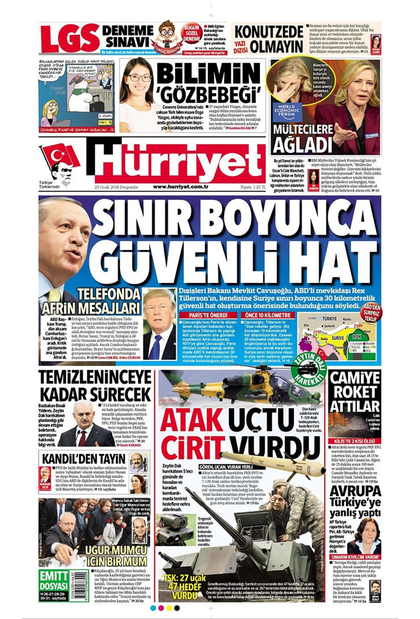 Gazete manşetleri Sözcü - Hürriyet - Milliyet 25 Ocak 2018 - Resim: 1
