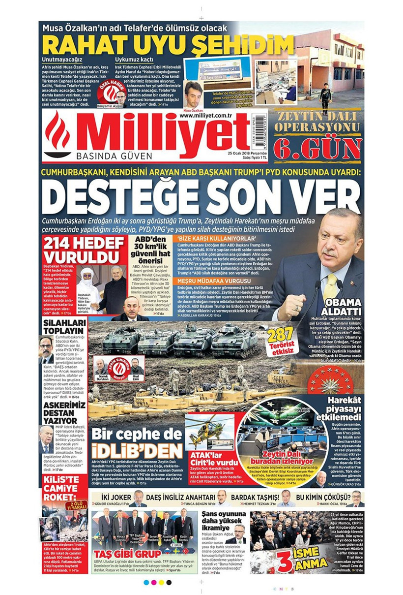 Gazete manşetleri Sözcü - Hürriyet - Milliyet 25 Ocak 2018 - Resim: 2