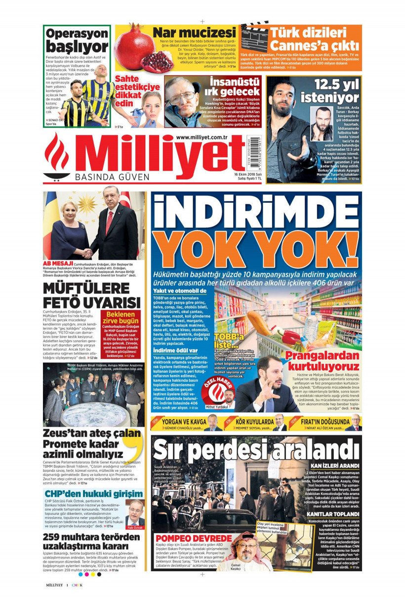 Gazete manşetleri 16 Ekim 2018 Sözcü - Posta - Hürriyet - Milliyet - Resim: 4