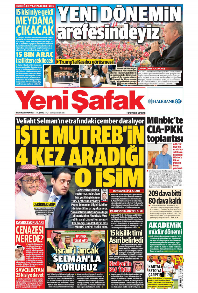 Gazete manşetleri 22 Ekim 2018 Hürriyet - Sözcü - Posta - Milliyet - Resim: 1