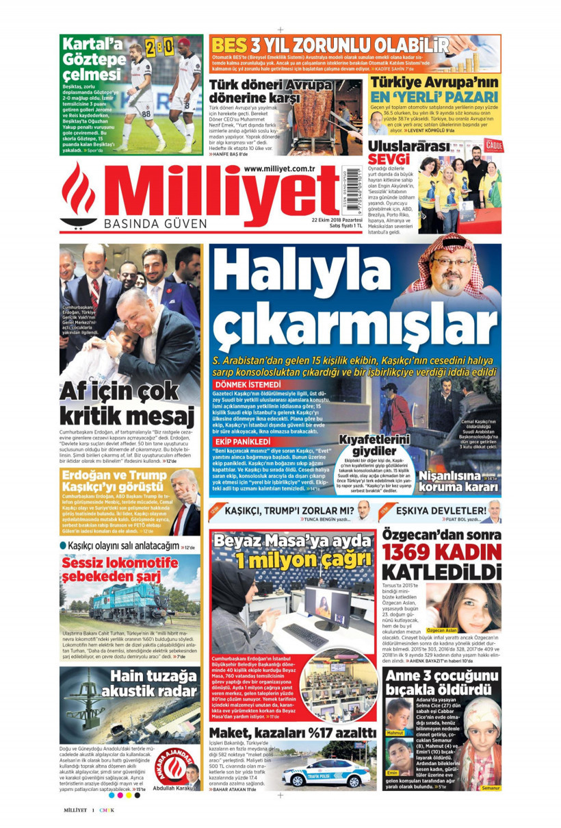 Gazete manşetleri 22 Ekim 2018 Hürriyet - Sözcü - Posta - Milliyet - Resim: 4