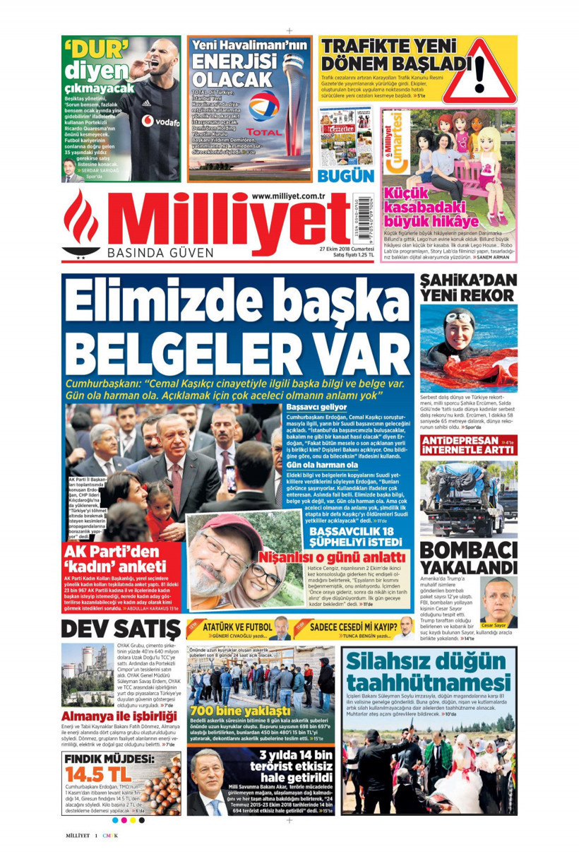 Gazete manşetleri 27 Ekim 2018 Sözcü - Hürriyet - Posta - Milliyet - Resim: 4