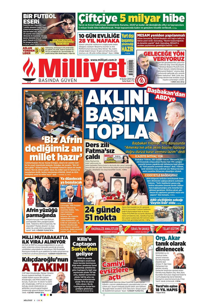 Gazete manşetleri 13 Şubat 2018 Hürriyet - Sözcü - Posta - Resim: 4