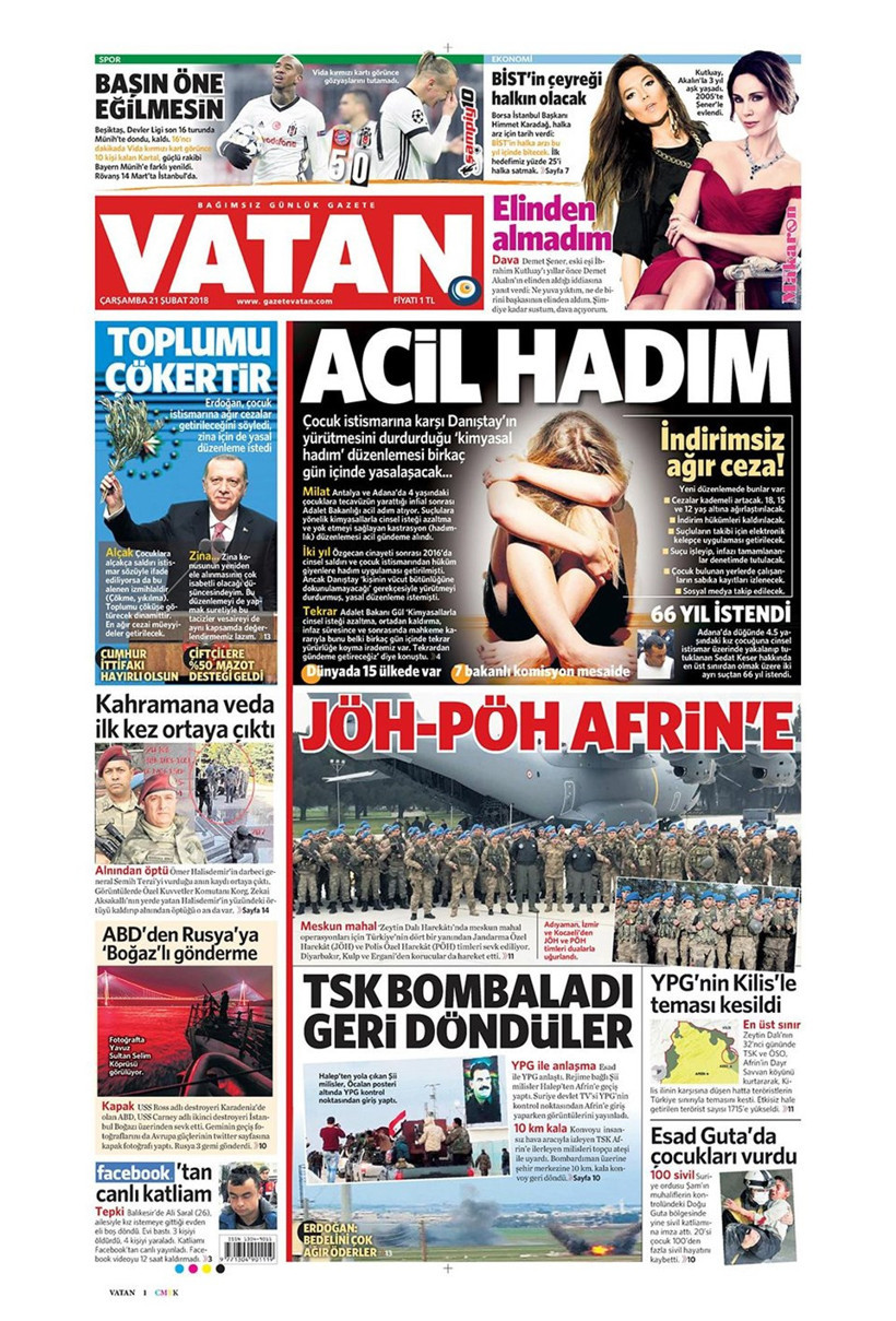 Gazete manşetleri 21 Şubat 2018 Hürriyet - Sözcü - Posta - Resim: 1