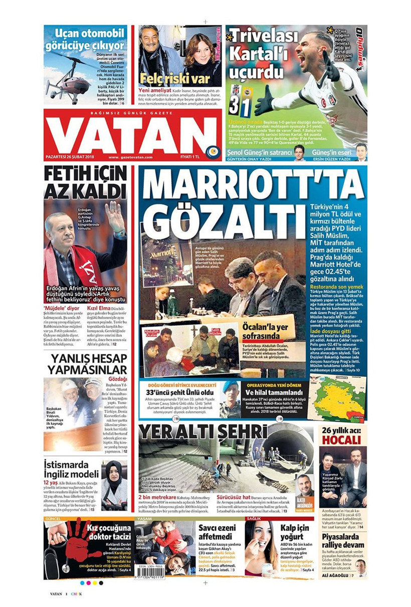 Gazete manşetleri 26 Şubat 2018 Hürriyet - Sözcü - Fanatik - Resim: 1