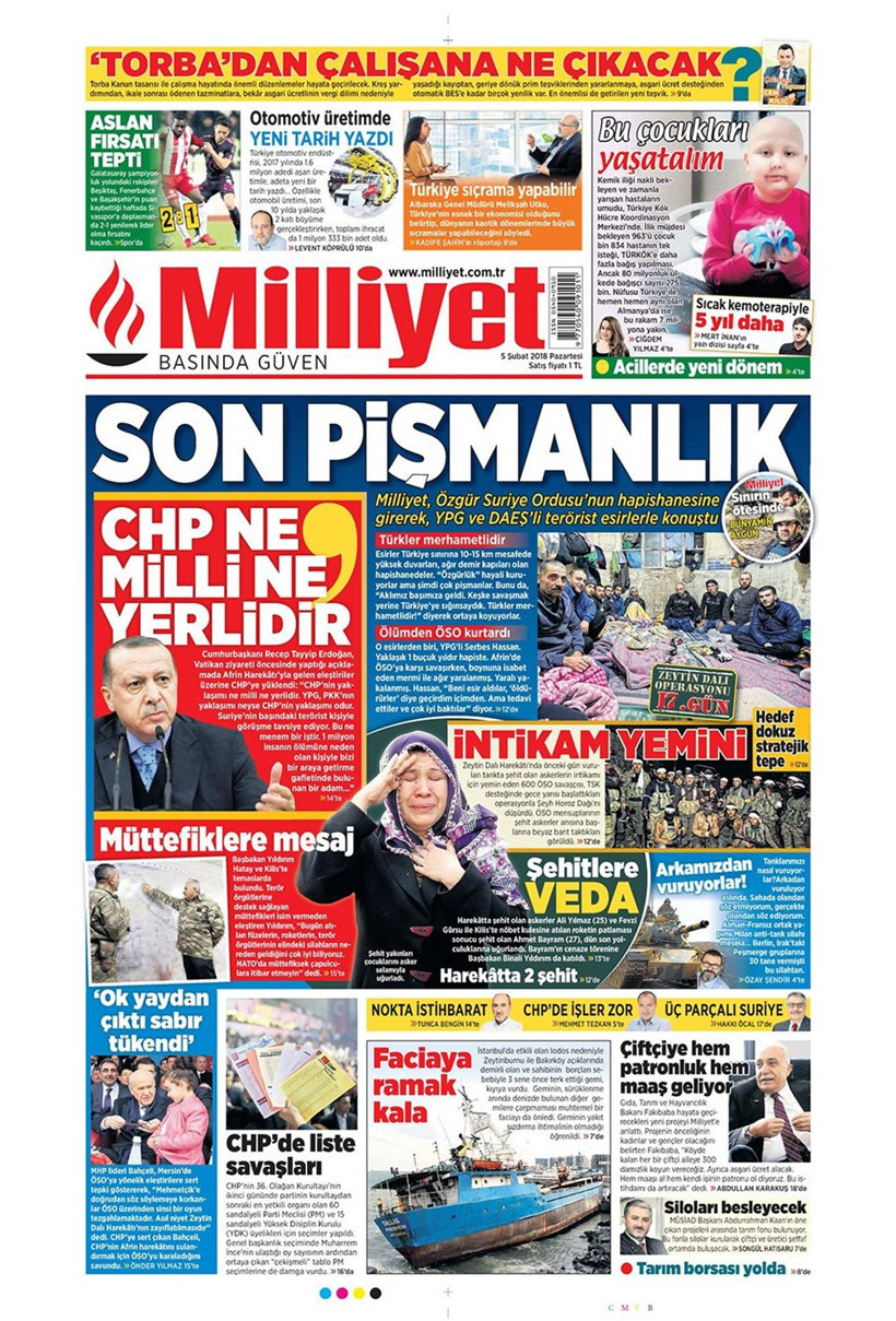 Gazete manşetleri 5 Şubat 2018 Hürriyet - Sözcü - Fanatik - Resim: 1