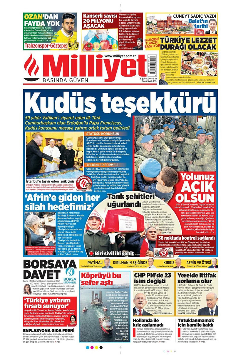 Gazete manşetleri 6 Şubat 2018 Hürriyet - Sözcü - Sabah - Resim: 2