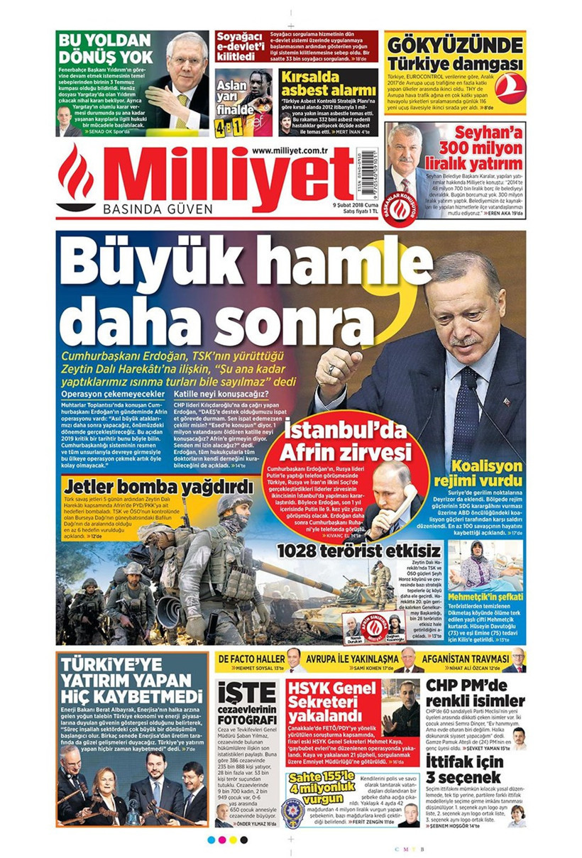 Gazete manşetleri 9 Şubat 2018 Hürriyet - Sözcü - Fanatik - Resim: 2