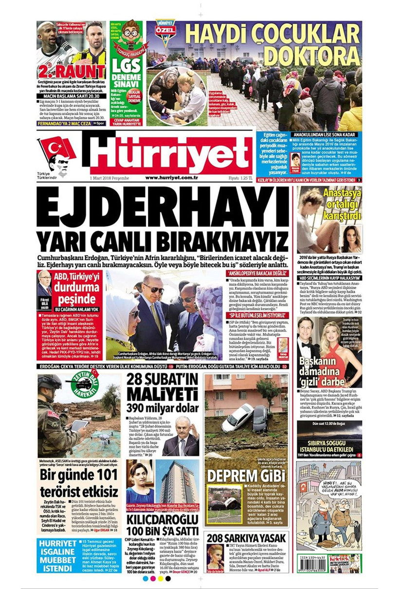 Gazete manşetleri 1 Mart 2018 Hürriyet - Sözcü - Fanatik - Resim: 2