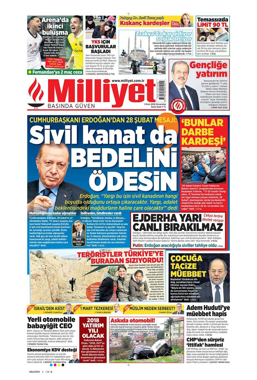 Gazete manşetleri 1 Mart 2018 Hürriyet - Sözcü - Fanatik - Resim: 3