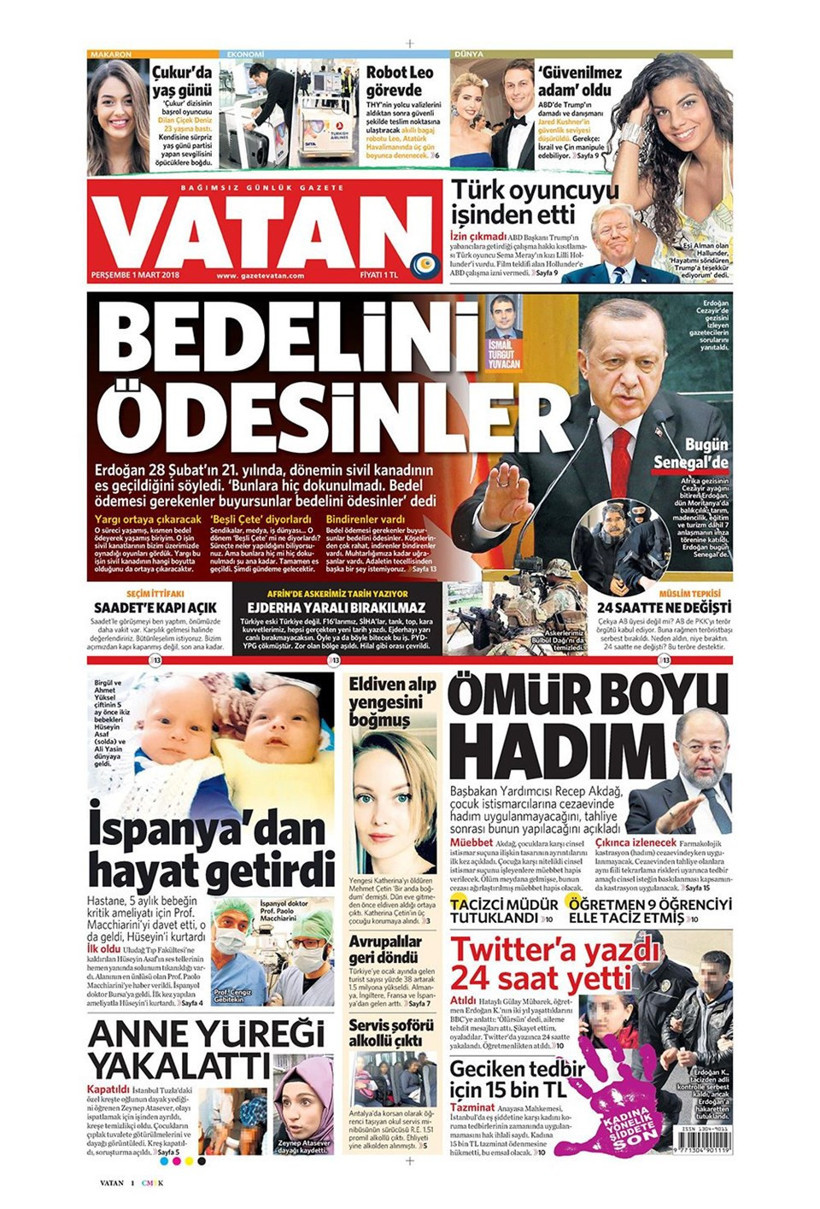 Gazete manşetleri 1 Mart 2018 Hürriyet - Sözcü - Fanatik - Resim: 4