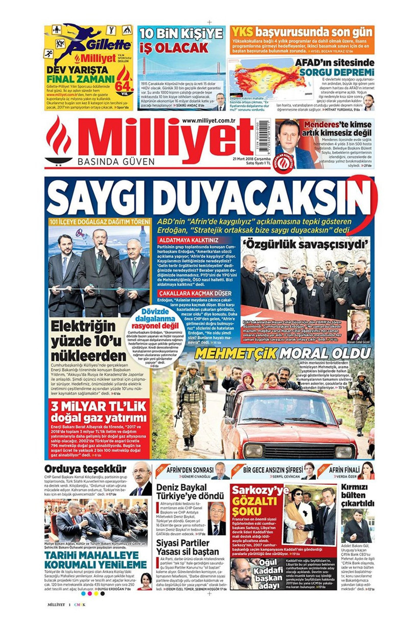 Gazete manşetleri 21 Mart 2018 Hürriyet - Sözcü - Posta - Resim: 2