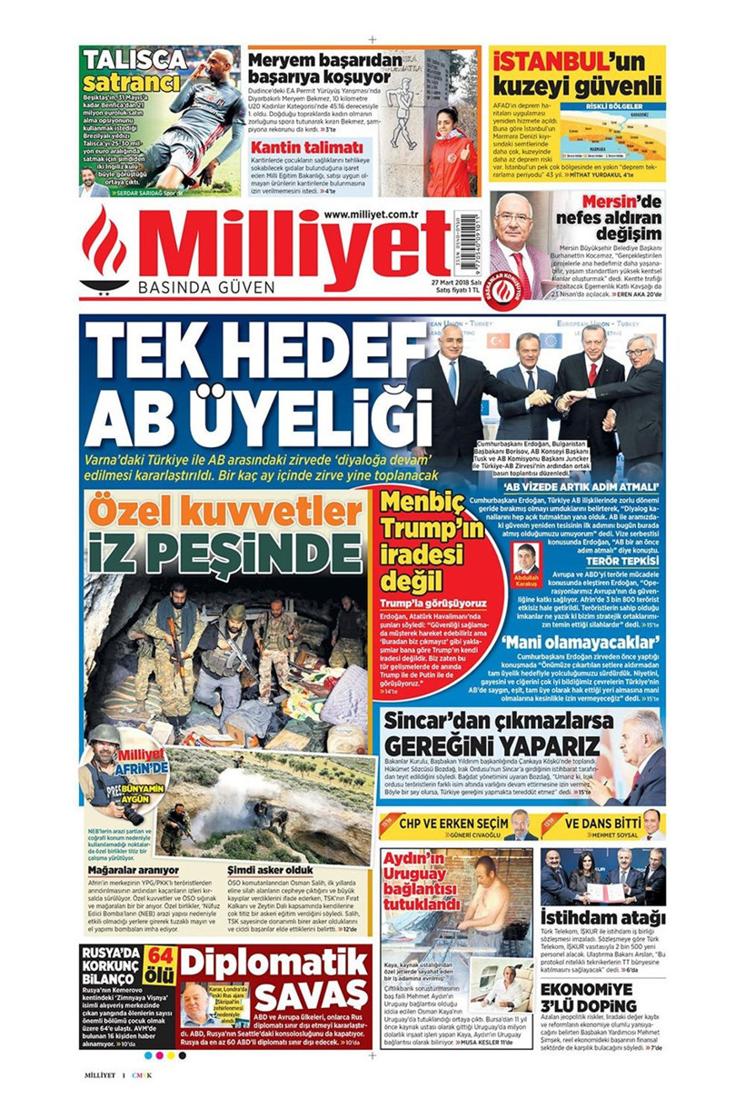 Gazete manşetleri 27 Mart 2018 Hürriyet - Sözcü - Cumhuriyet - Resim: 4