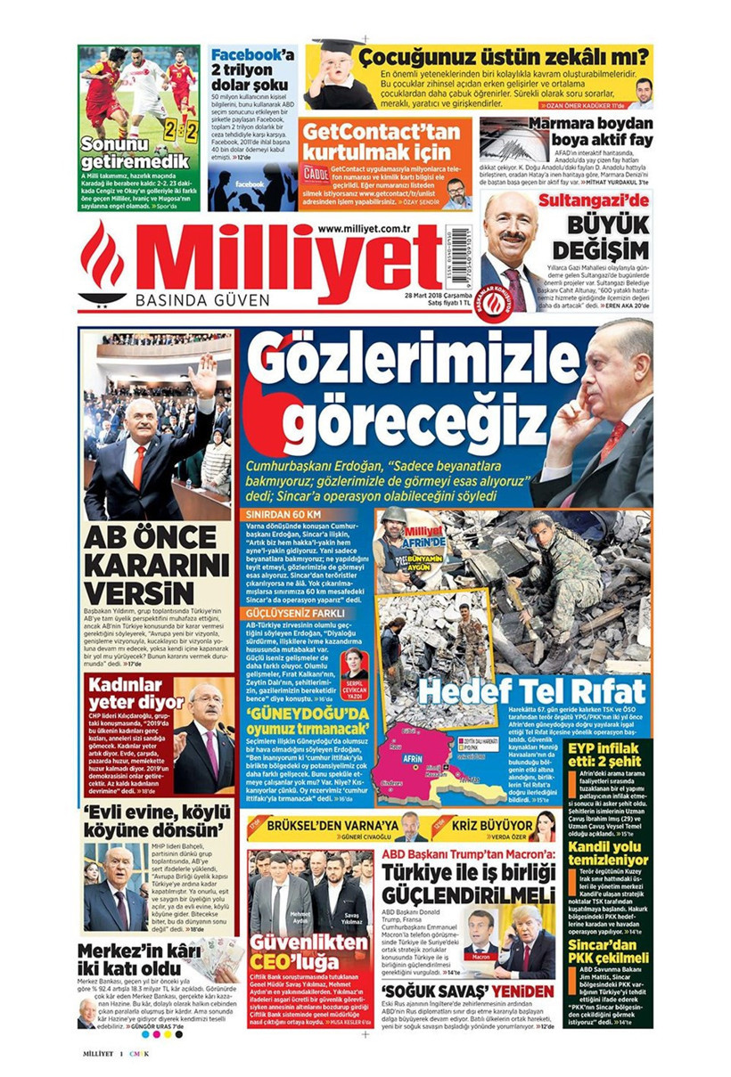 Gazete manşetleri 28 Mart 2018 Hürriyet - Sözcü - Habertürk - Resim: 4