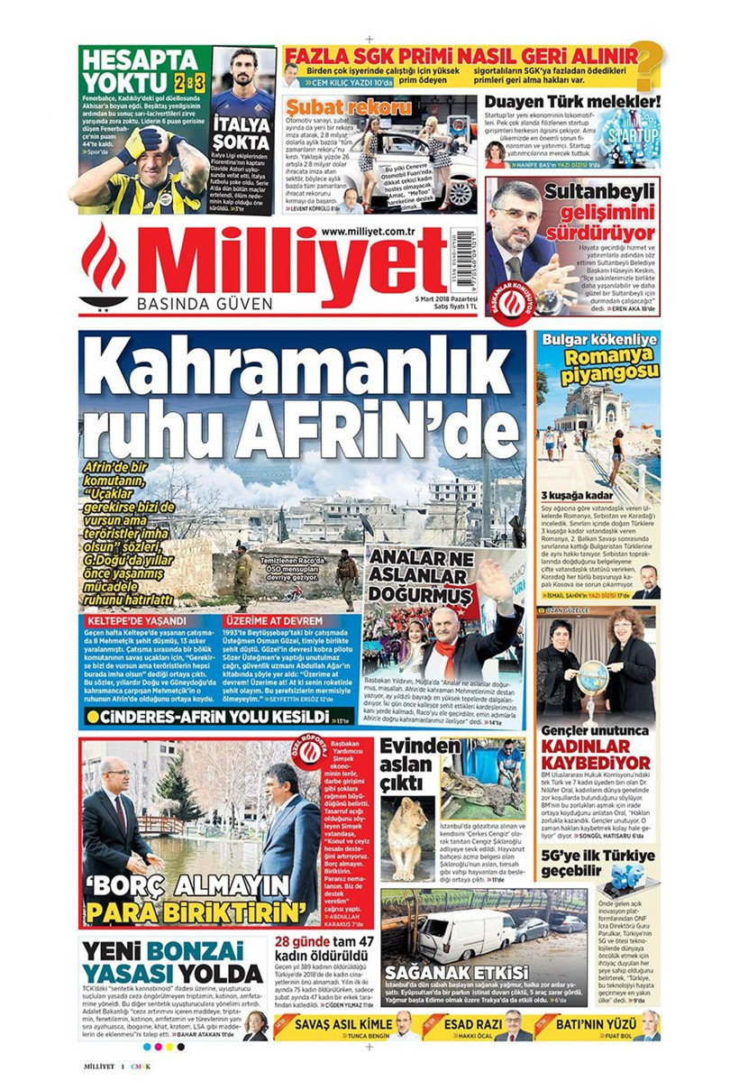 Gazete manşetleri 5 Mart 2018 Hürriyet - Sözcü - Fanatik - Resim: 2