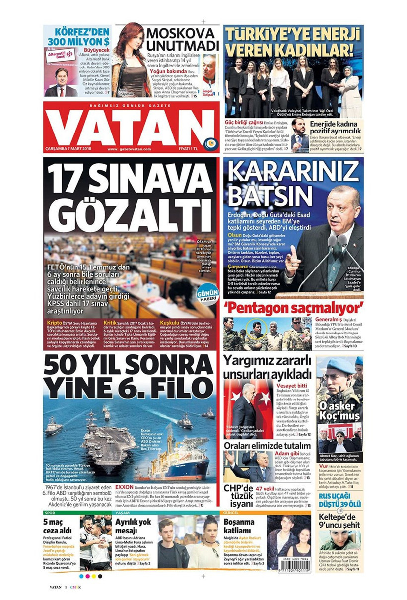 Gazete manşetleri 7 Mart 2018 Hürriyet - Sözcü - Posta - Resim: 1
