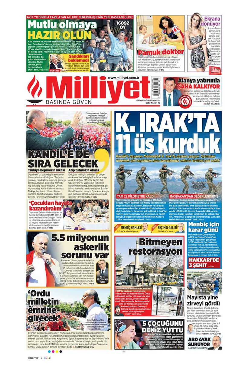 Gazete manşetleri 4 Haziran 2018 Hürriyet - Sözcü - Fanatik - Resim: 1
