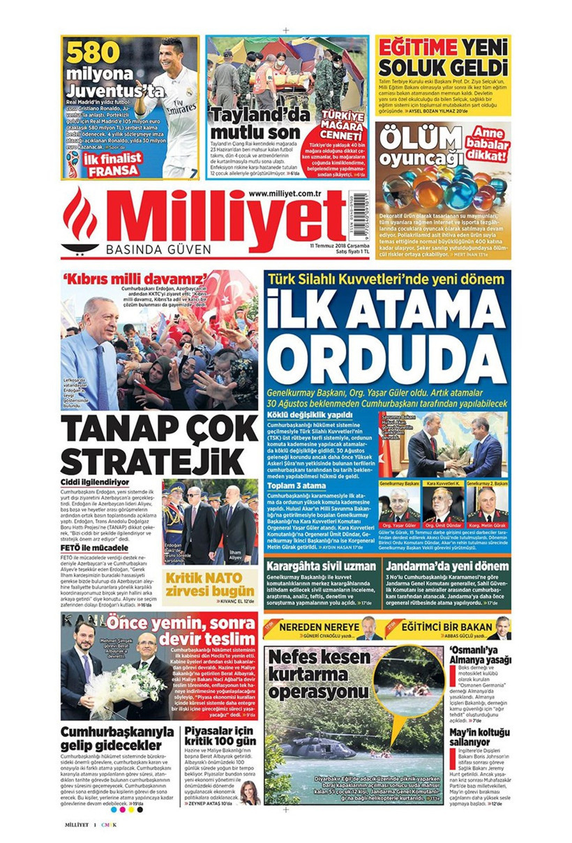 Gazete manşetleri 11 Temmuz 2018 Milliyet - Sözcü - Posta - Resim: 1