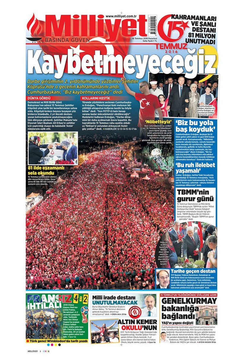 Gazete manşetleri 16 Temmuz 2018 Hürriyet - Sözcü - Sabah - Resim: 3