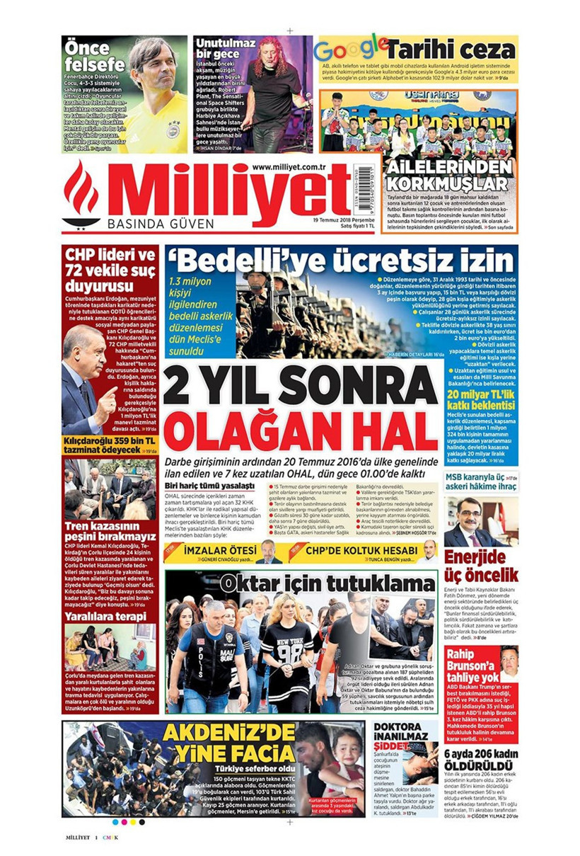 Gazete manşetleri 19 Temmuz 2018 Hürriyet - Posta - Sabah - Resim: 2