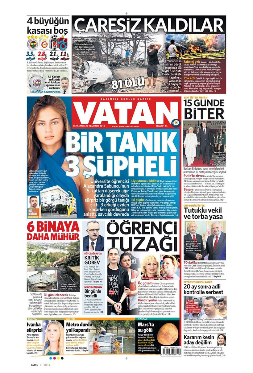 Gazete manşetleri 26 Temmuz 2018 Hürriyet - Posta - Sabah - Resim: 2