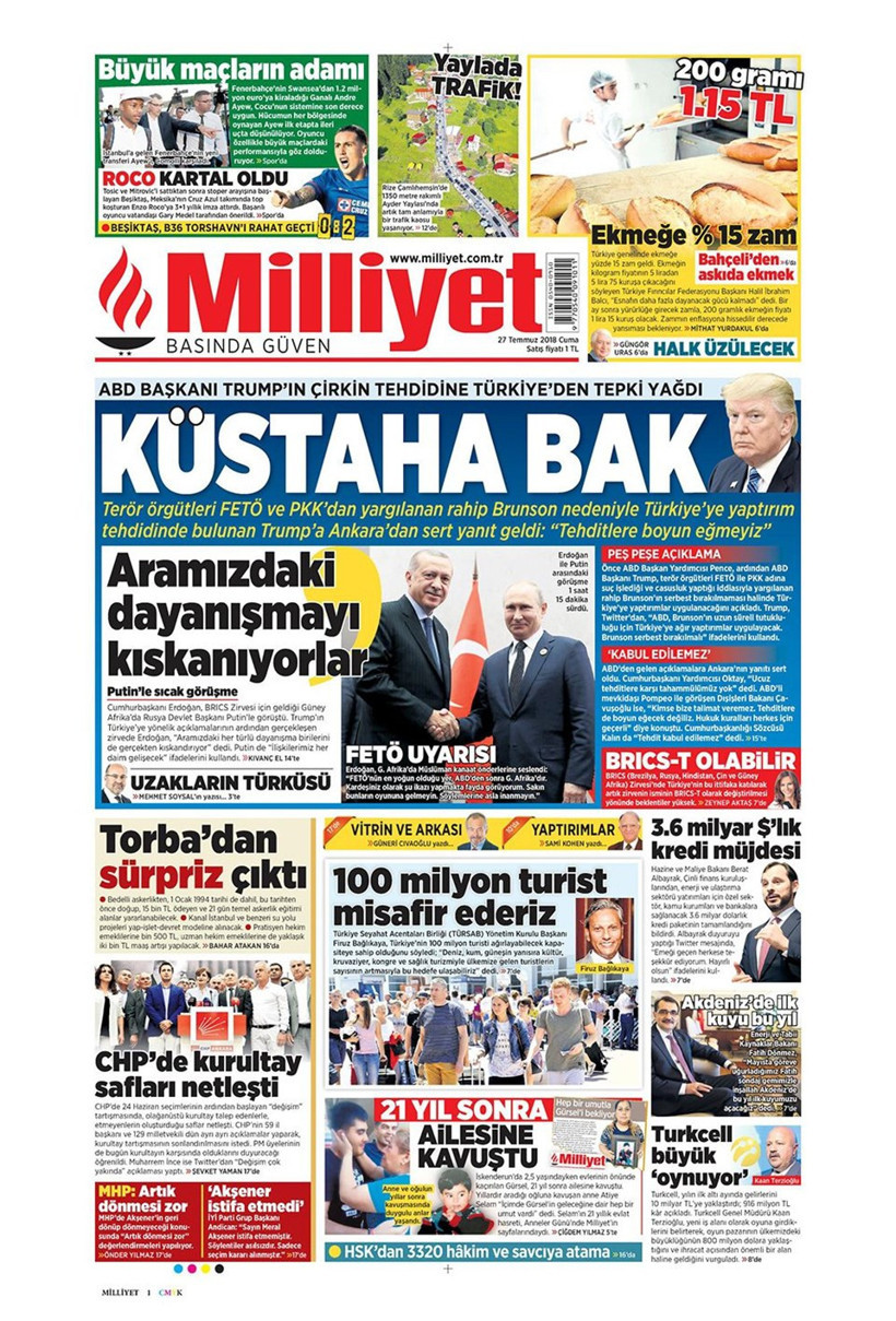 Gazete manşetleri 27 Temmuz 2018 Hürriyet - Posta - Sabah - Resim: 2