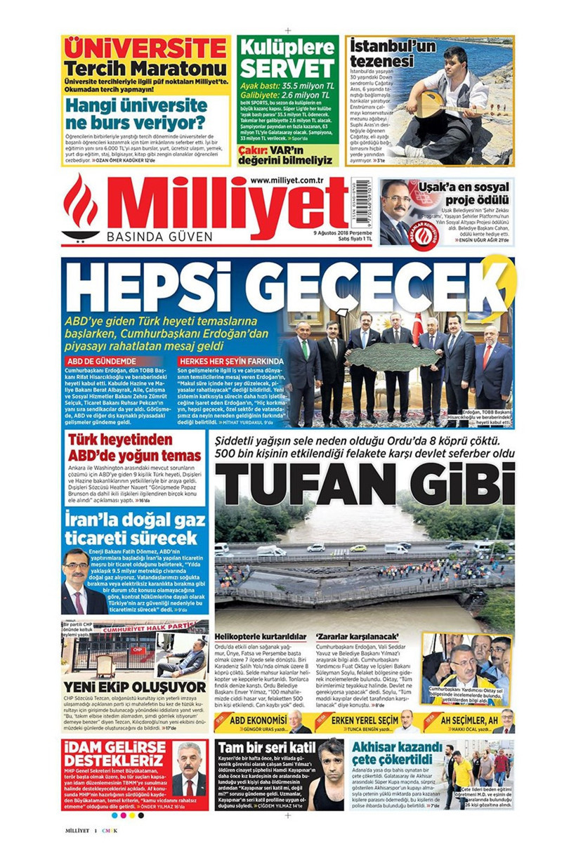 Gazete manşetleri 9 Ağustos 2018 Hürriyet - Posta - Sabah - Resim: 2
