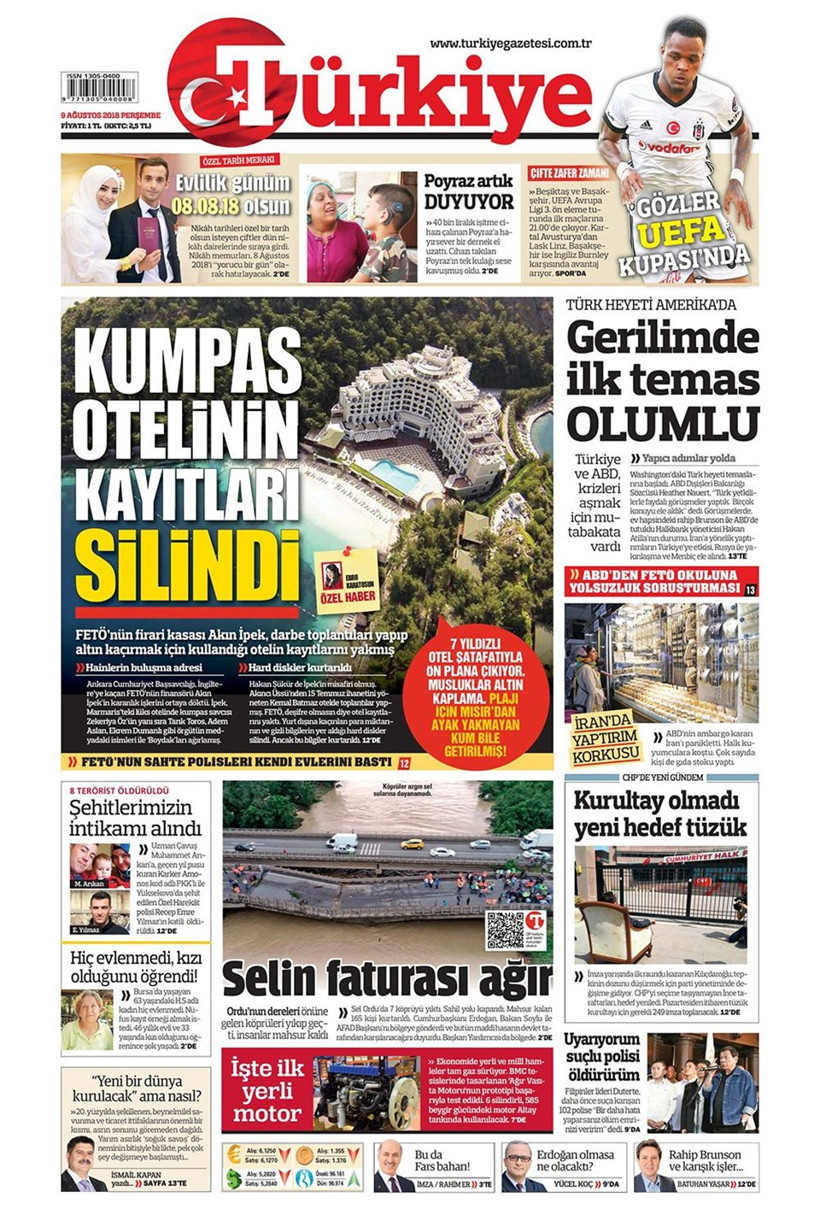 Gazete manşetleri 9 Ağustos 2018 Hürriyet - Posta - Sabah - Resim: 4