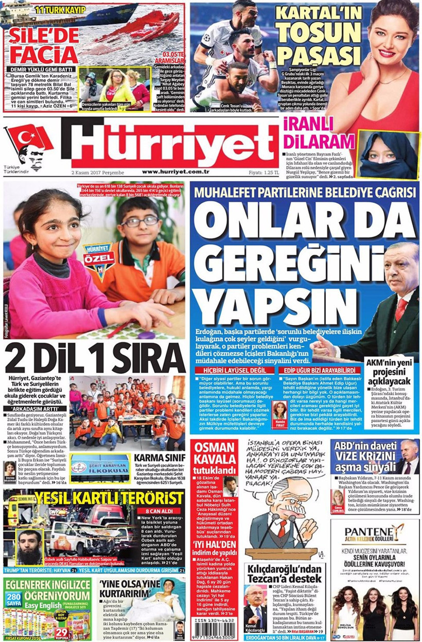 Gazete manşetleri Sözcü - Fanatik - Hürriyet 2 Kasım 2017 - Resim: 1