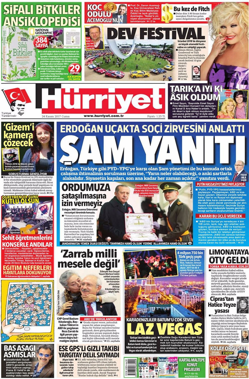 Gazete manşetleri Sözcü - Hürriyet - Milliyet 24 Kasım 2017 - Resim: 1